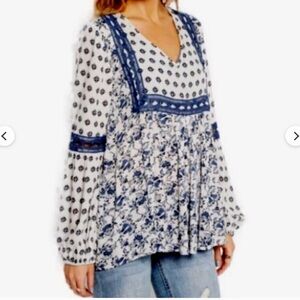 Clover + Scout Boho Peasant Blouse in White and Blue